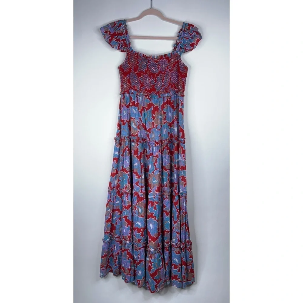 Love the Label Red Blue Floral Midi Dress Square Neck Smocked Tiered Cotton - Picture 3 of 11